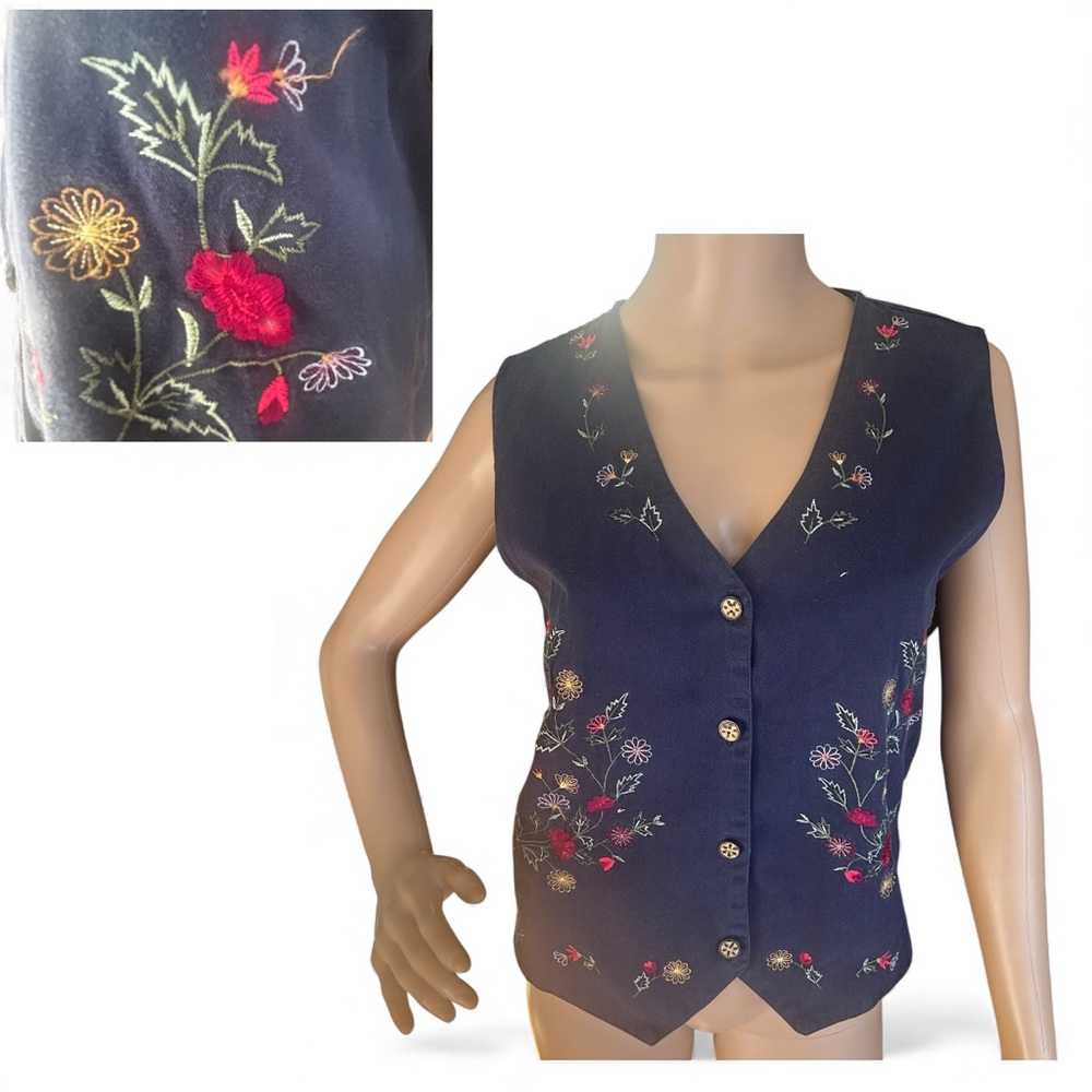 Bobbie Brooks Navy Embroidered Floral Button Front Vest Women’s M Adjustable